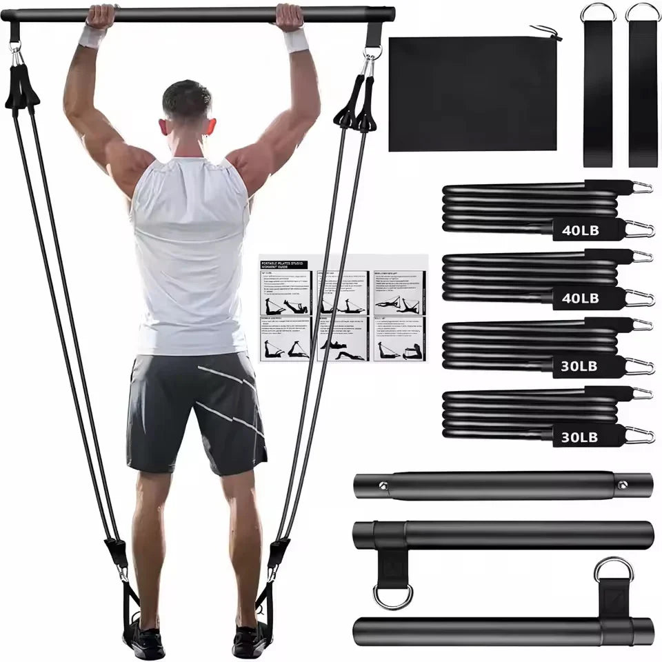 Person using a pull-up bar with resistance bands and anchors on a white background