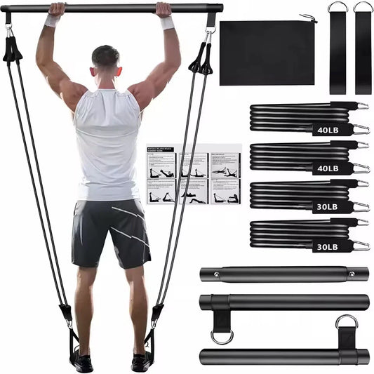 Person using a pull-up bar with resistance bands and anchors on a white background